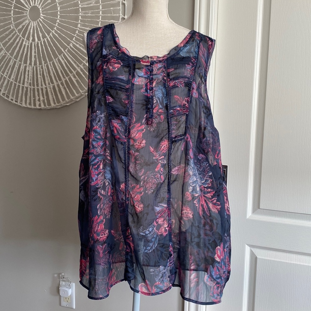 d/C Jeans - Navy & Magenta Abstract Flower Sheer Top